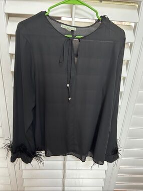 Rylee + Cru Black Sheer Tie-Neck Blouse with Feather Trim Cuffs